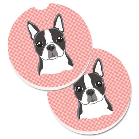 Carolines Treasures Checkerboard Pink Boston Terrier Set of 2 Cup Holder Car Coaster BB1203CARC